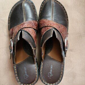 I Love Comfort Dharma Brown Floral Leather Buckle Wedge Clog Shoes Womens 7